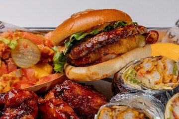 Burgers close-up on street food background