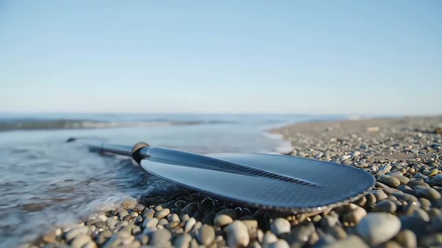 A close-up of a kayak paddle resting on a pebble beach with calm sea waves washing ashore during a serene sunrise.