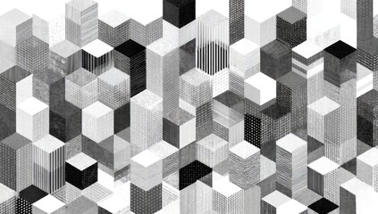 Abstract geometric pattern of layered cubes in grayscale