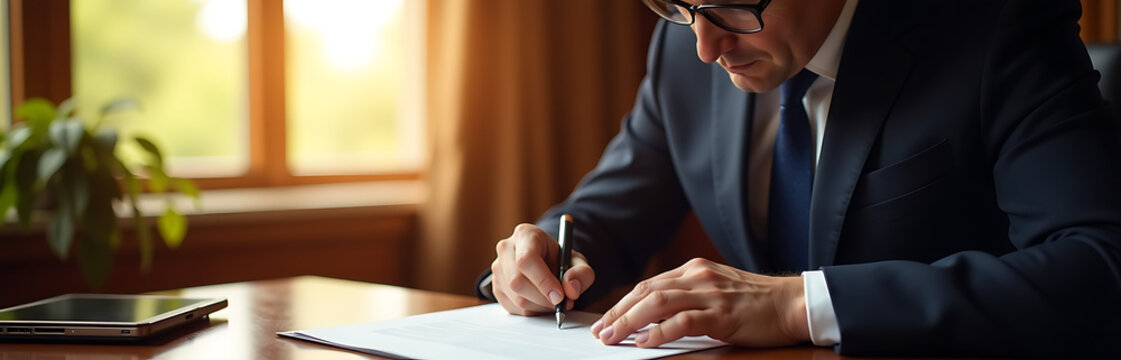 bespectacled executive face illuminated soft morning light streaming office window scrutinizes
