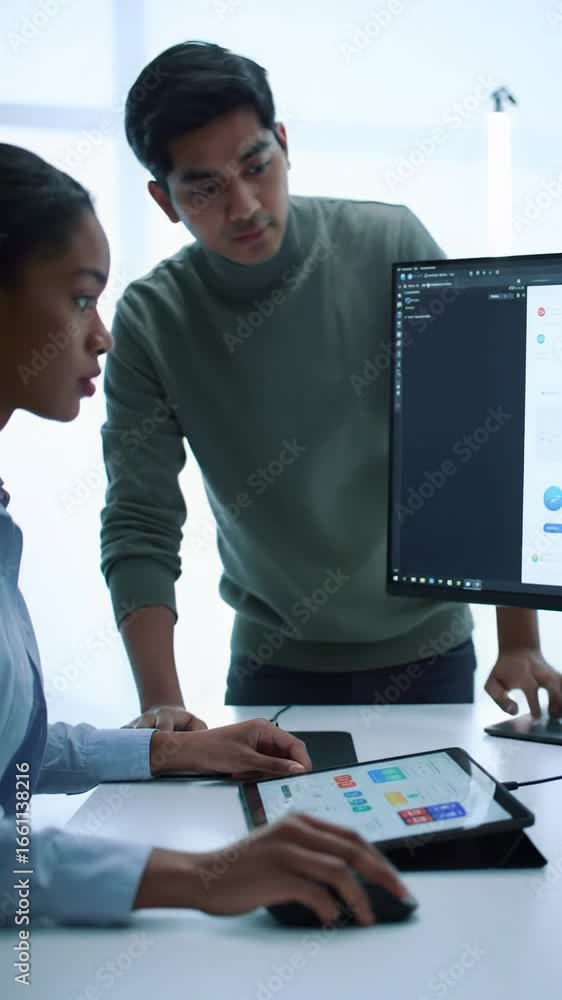 Aufkleber two diverse professionals intently collaborate on clean ui mockups on an interactive tablet and ultr