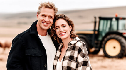 Obraz premium Modern young farmers couple smiling together with tractor in agricultural field. Happy farming lifestyle business partnership in countryside rural environment during harvest season.