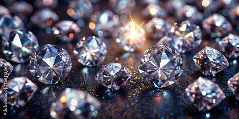 Poster numerous clear diamonds are arranged on a dark surface, reflecting light and creating bright sparkle