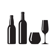 Set of dark silhouettes featuring wine bottles beer bottles and drinking glasses for a beverage concept silhouette