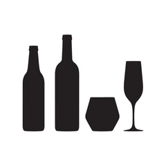 Diverse silhouette collection of wine bottles and glasses for beverage and celebration concepts silhouette
