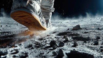Close-up astronaut's foot steps on moon