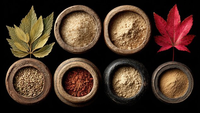 Wooden bowls filled with various powders and dried leaves on black background - Powered by Adobe