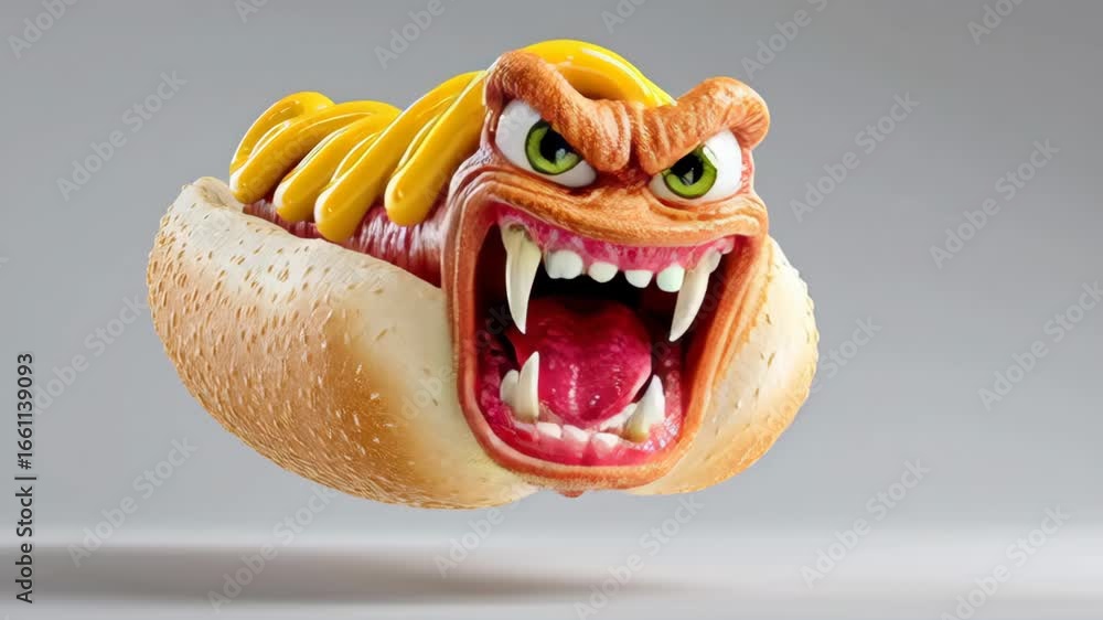 Poster animated hot dog character with fierce expression and exaggerated features, showcasing a dynamic mot