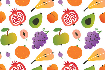 Flat cartoon vector seamless pattern with fruits, doddles of pear, grape, avocado, pomegranate, apple, orange. Colorful fruit background for healthy food, diet, vegetarian lifestyle, organic farming