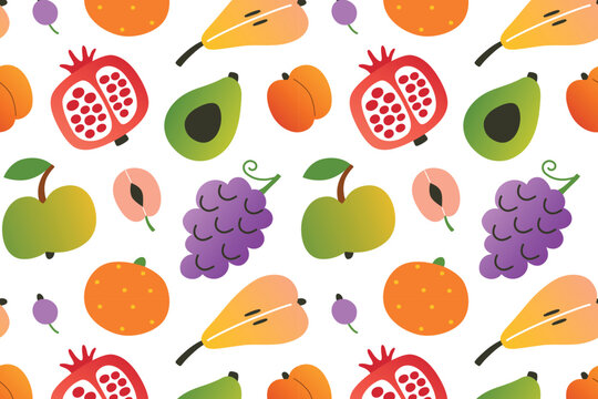 Flat cartoon vector seamless pattern with fruits, doddles of pear, grape, avocado, pomegranate, apple, orange. Colorful fruit background for healthy food, diet, vegetarian lifestyle, organic farming
