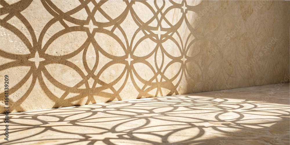 Poster shadows from elegant, decorative patterns create a striking design on a light stone surface. sunligh