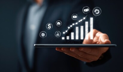 Businessperson holds tablet displaying a rising graph with financial icons
