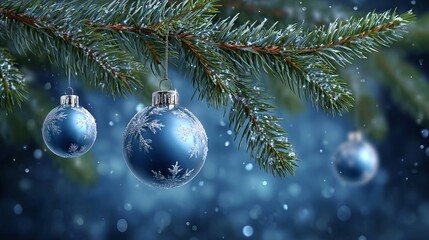 Blue Christmas background with evergreen fir branch adorned with glass baubles, holly sprigs, and delicate hanging ornaments &mdash; warm fairy lights, soft bokeh, pine needles and ample copy space