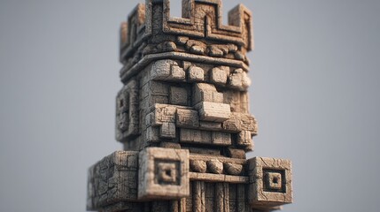 Close-up of a stylized stone tower, resembling Mayan or Aztec architecture, with a textured face and crown-like top