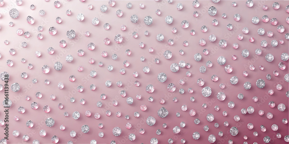 Poster delicate droplets in varied sizes are arranged on a soft pink background, creating a sparkling effec