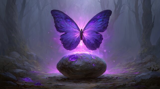 Purple butterfly above stone fantasy illustration
