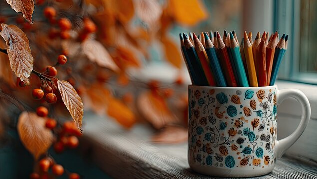 Colorful pencils in a patterned mug, autumnal leaves