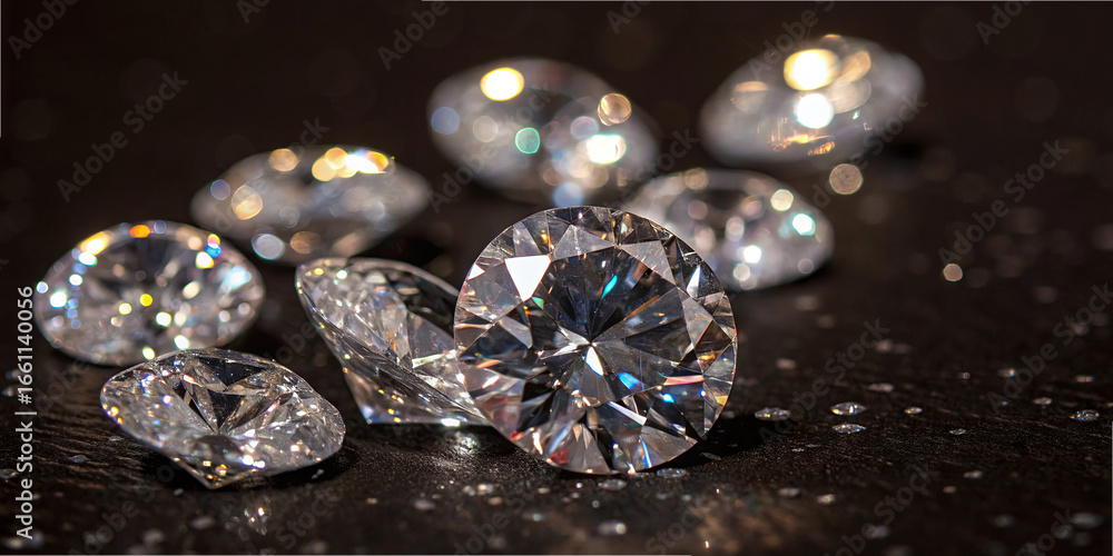 Aufkleber various sparkling diamonds are arranged on a dark surface, reflecting light and exhibiting a range o