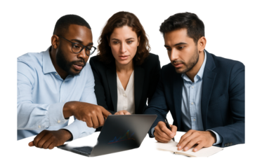 Colleagues collaborating over a laptop, discussing strategy.