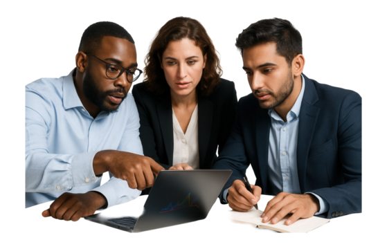 Colleagues collaborating over a laptop, discussing strategy. - Powered by Adobe