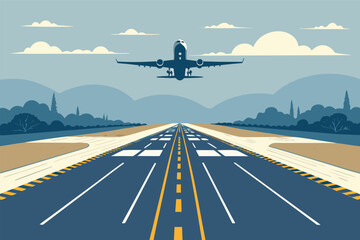 Expansive aerial perspective of a busy airport runway, capturing an aircraft gracefully ascending into the vast blue sky.