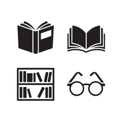 Collection of four iconic symbols representing reading education knowledge and learning silhouette