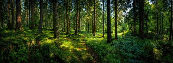 Obraz premium Sunlight filters through a dense forest, highlighting a path winding through lush greenery