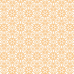 Seamless geometric floral pattern with orange line art. Elegant decorative background for textile, wallpaper, packaging, and Islamic or oriental design