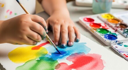 Child Painting with Watercolors, Creative Art Activity