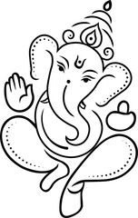 Lord Ganesha vector line art illustration, abstract hindu deity ganpati outline drawing with blessing hand and modak, minimal black sketch design for ganesh chaturthi festival posters, greeting cards
