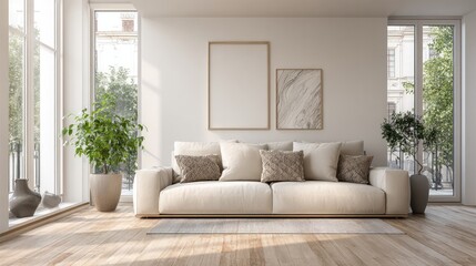 Minimalist living room with beige sofa and abstract art, bathed in soft natural light, embodying contemporary elegance and tranquility.