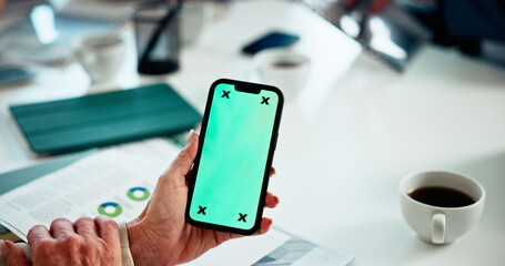 Person, hands or phone screen with mockup in office for UI marketing or data platform. Advertising, employee or analyst with mobile smartphone display, space or UX design for testing app in workplace