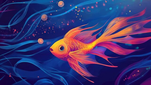 Vibrant, stylized goldfish in a deep, flowing water environment