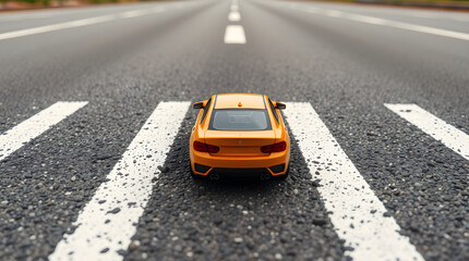 Orange toy car on asphalt road with white stripes