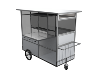 Modern 3D Metallic Modular Vending Cart Kiosk Stand for Street Food and Retail Businesses: High-Resolution Commercial Service Counter Display Asset on Transparent PNG Background. Urban Mobile Food