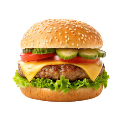 Burger isolated on clean white background for fast food and takeaway branding