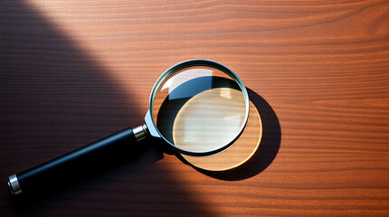 Magnifying glass casting shadow on wooden table in sunlight