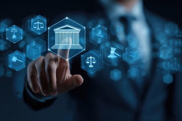 Businessperson interacts with digital legal icons