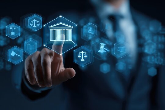 Businessperson interacts with digital legal icons