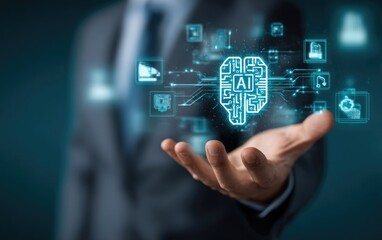 Fototapeta premium Businessperson holds a holographic AI brain