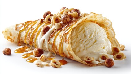 Golden crepe, filled with vanilla ice cream, topped with hazelnuts and caramel drizzle