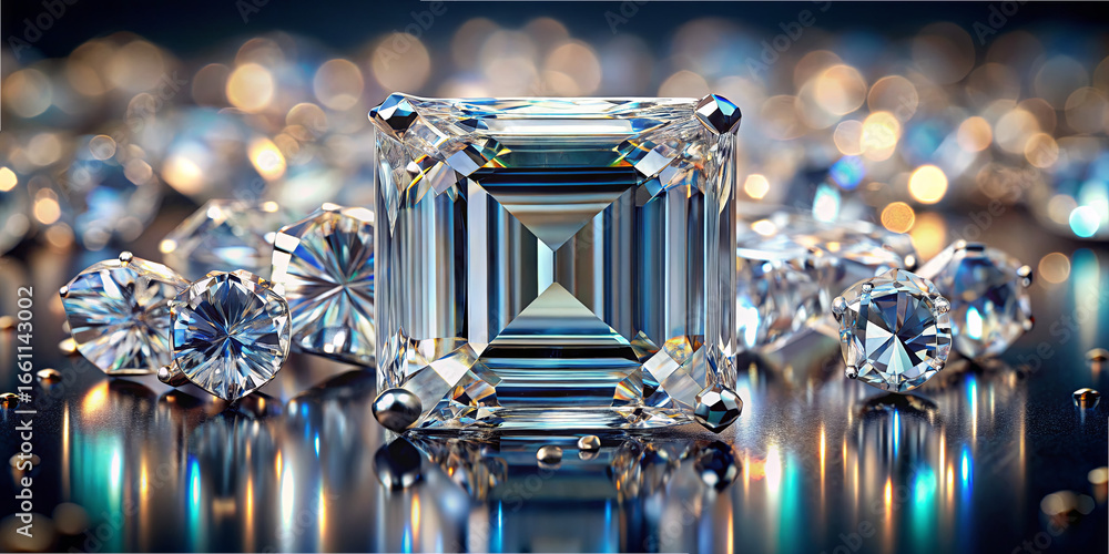Poster a collection of assorted diamonds is arranged on a glossy surface, reflecting light and creating a d