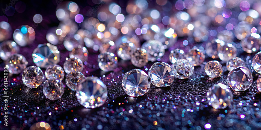 Poster a collection of sparkling crystal gems lies scattered on a dark surface, capturing light and creatin