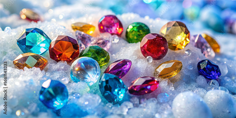 Poster a variety of vibrant gemstones in different shapes and colors scatter across a soft, white surface, 
