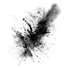Abstract ink splatter, black on white.  A dynamic, textured explosion of dark ink marks radiating outwards on a white background