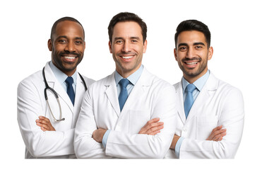 Diverse group of three male doctors in white lab coats, smiling confidently against.
