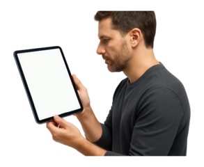 Man holding a tablet with a blank screen.