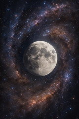 Obraz premium Moon Surrounded by Spiral Galaxy in Deep Space – Hyper Realistic Astronomy Art