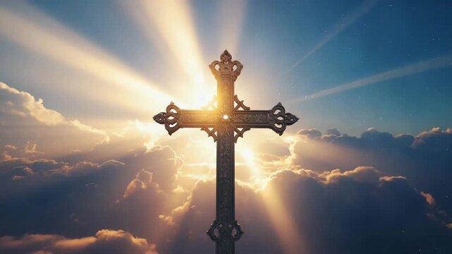 Religious Cross Silhouette with Heavenly Light