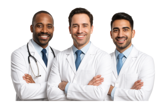 Diverse group of three male doctors in white lab coats, smiling confidently against.
